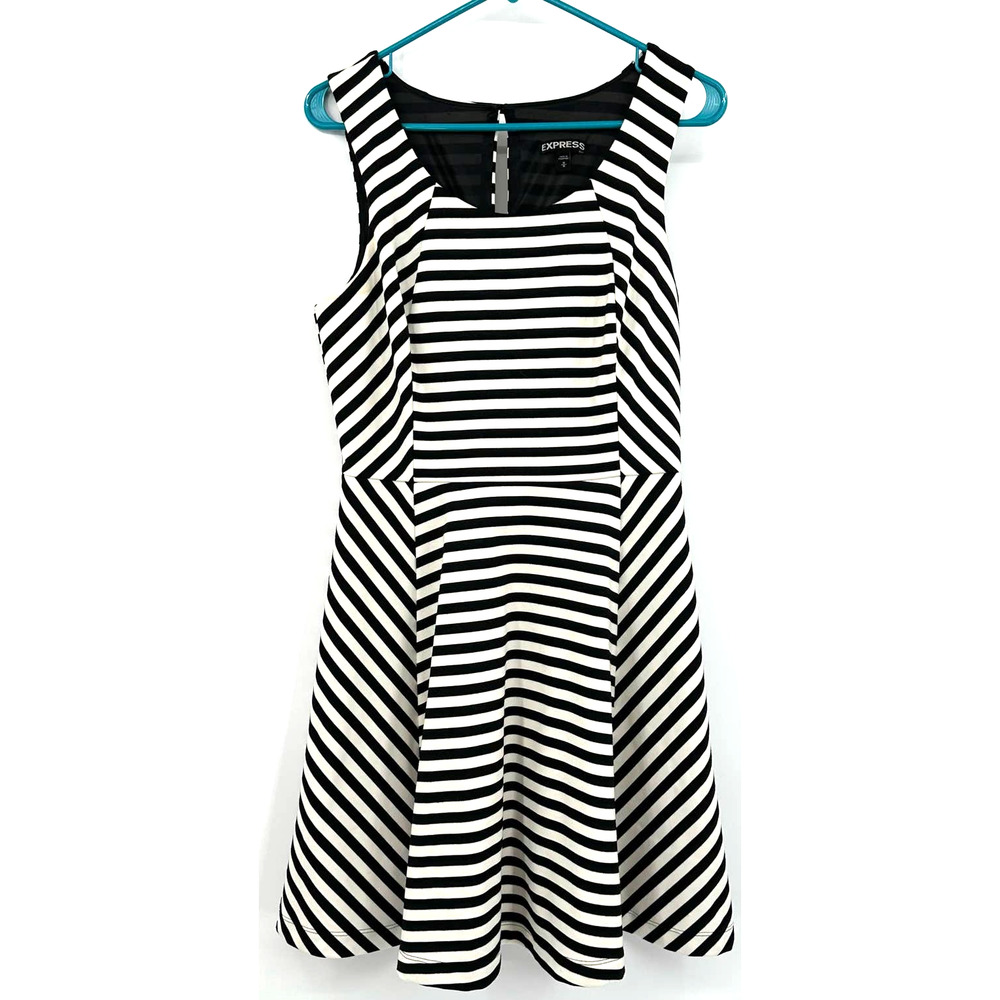Express size medium sleeveless mini‎ dress skater style black white striped
